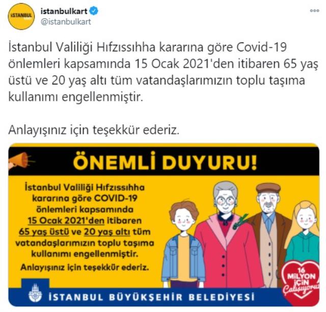 İstanbul'da 65 yaş üstü ve 20 yaş altı 15 Ocak'tan itibaren toplu taşıma kullanamayacak